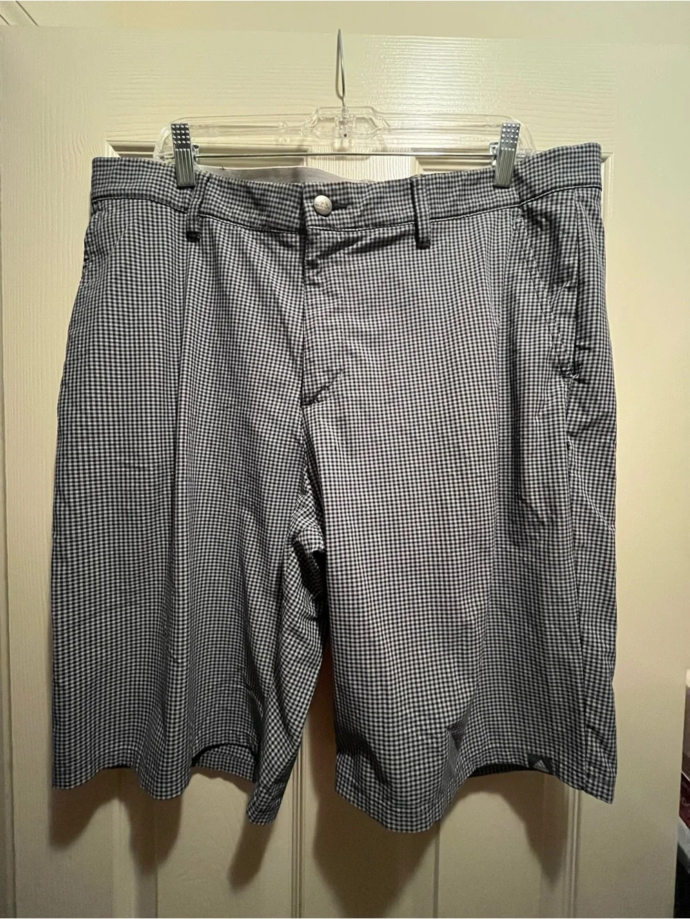 adidas Men's Gray/Black Check Chino Shorts Logo Button Flat Front Pockets
